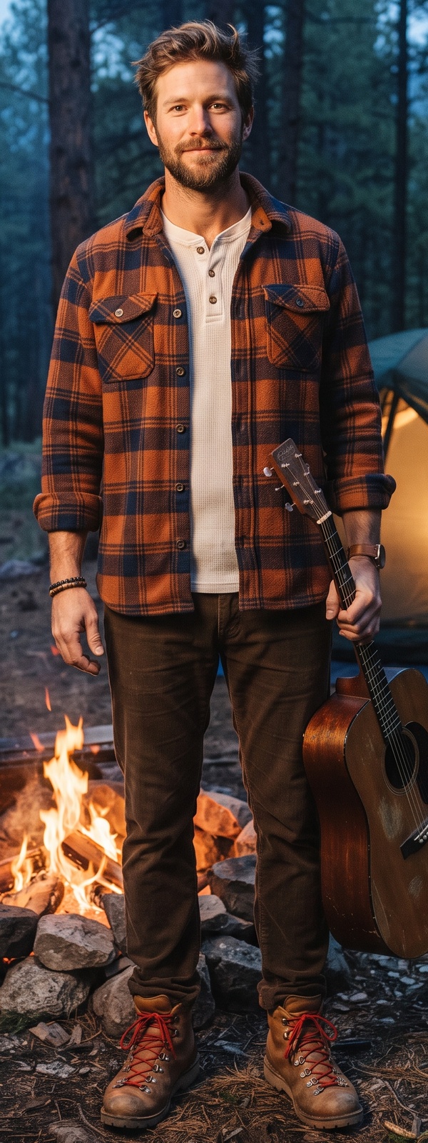 Rust Plaid Fleece Overshirt and Brown Corduroy Pants Campfire Look