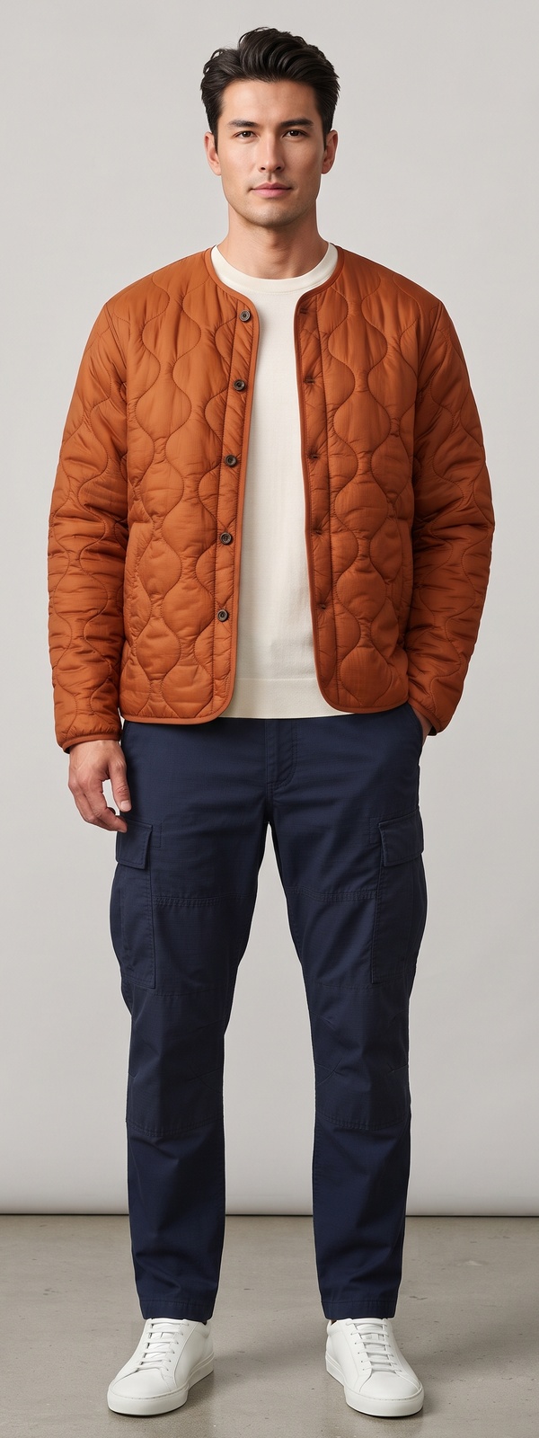 Rust Onion Quilted Liner Jacket Cream Tee and Navy Cargo Pants Look