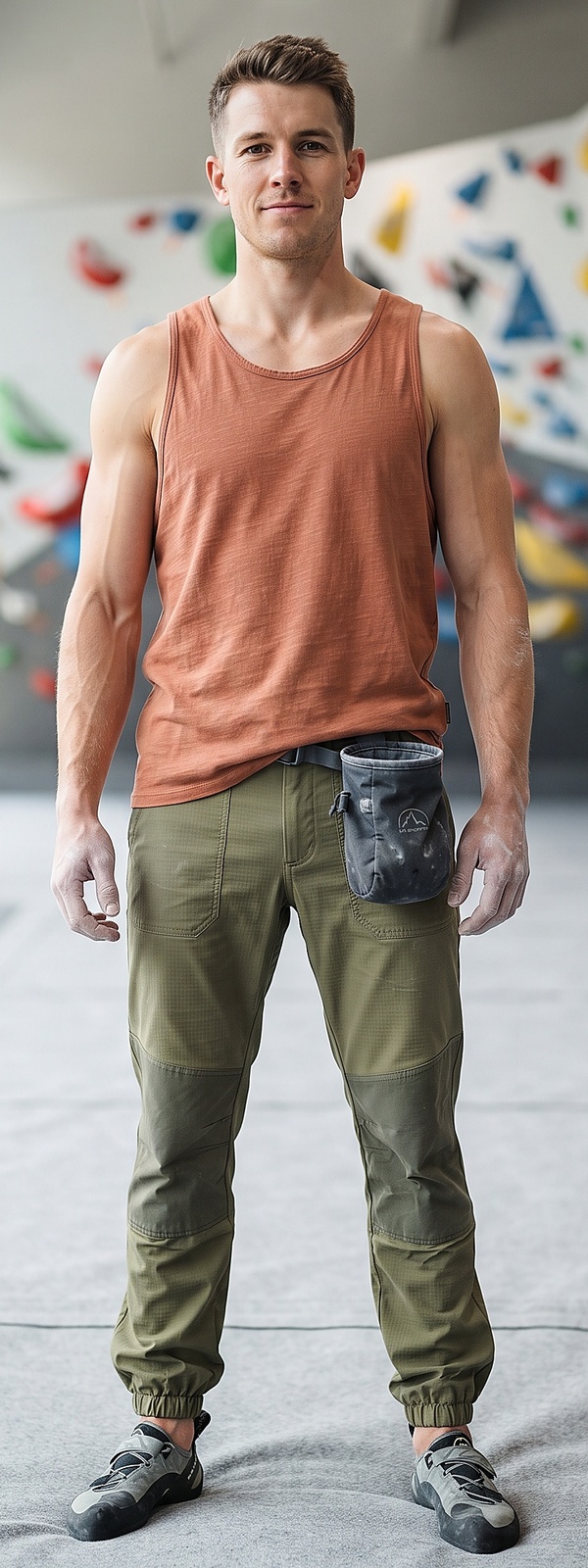 Rust Ribbed Tank Top and Olive Green Color Block Climbing Pants