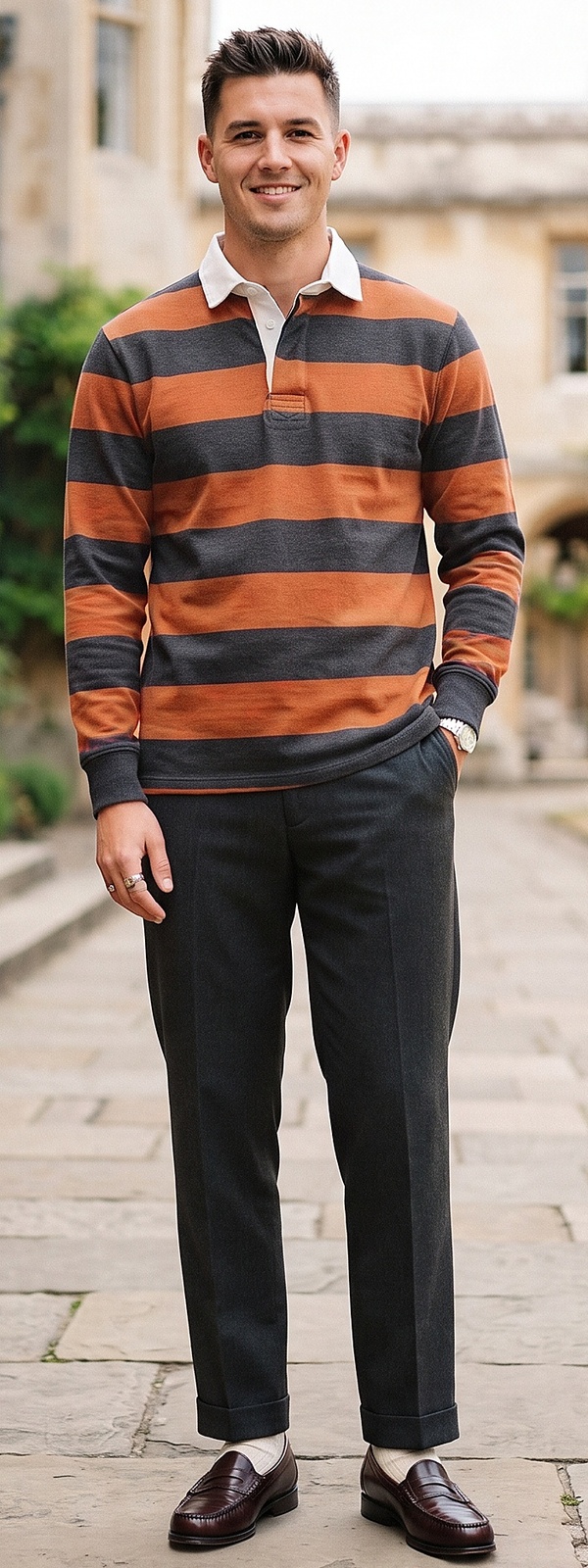 Rust Striped Rugby Shirt and Charcoal Pleated Dress Pants Collegiate Look