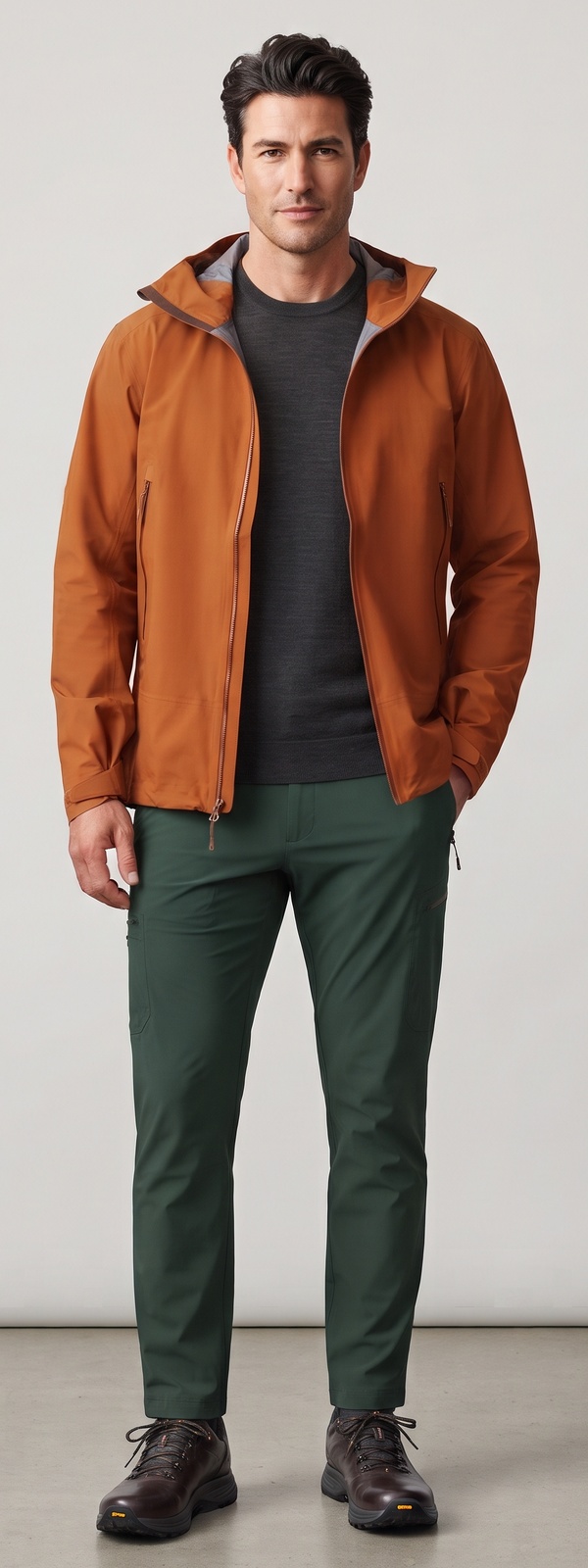 Rust Technical Shell Jacket Charcoal Sweater and Green Cargo Pants Look