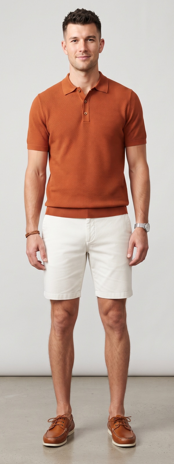 Rust Textured Knit Polo and Off White Chino Shorts Summer Look