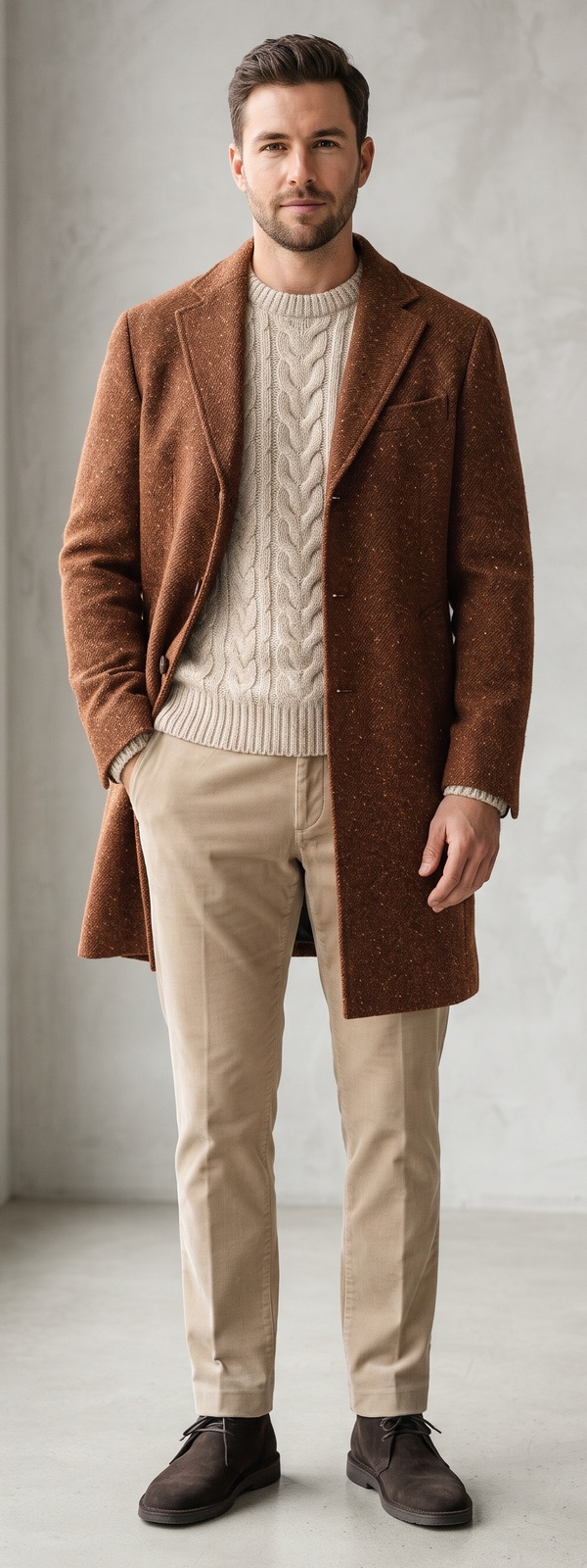 Rust Tweed Wool Overcoat with Oatmeal Cable Knit Sweater