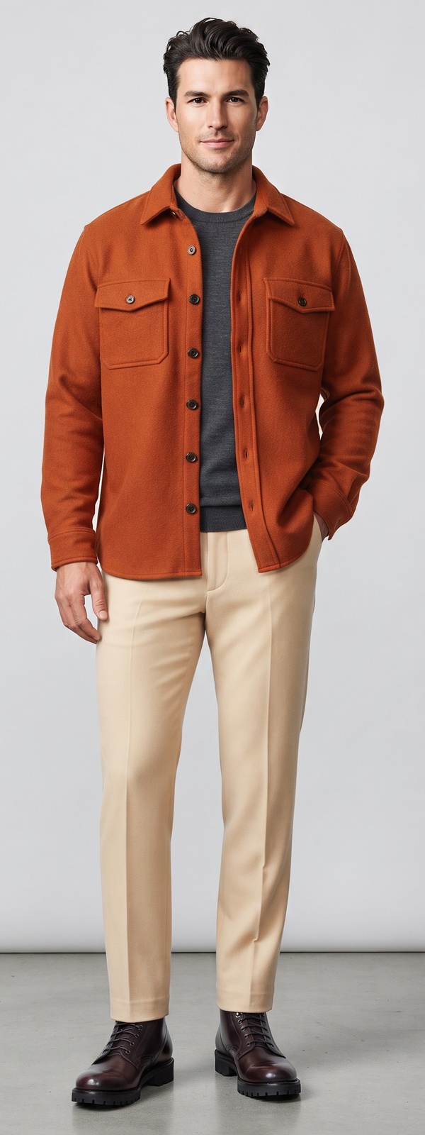 Rust Wool Flannel CPO Overshirt Charcoal Knit and Cream Dress Pants Look