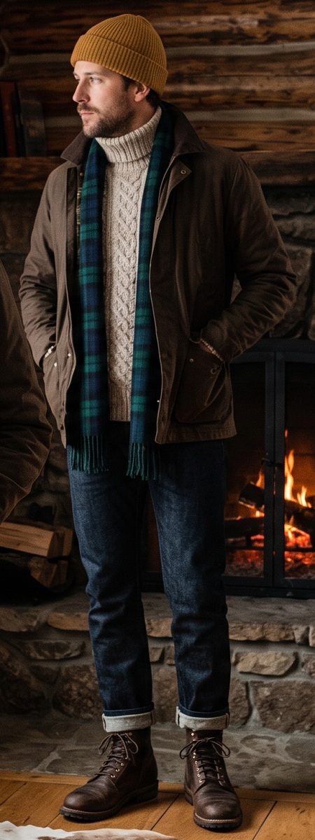 Rustic Cabin Heritage Brown Waxed Canvas Jacket with Cable Knit Turtleneck, Tartan Scarf, and Leather Boots Outfit