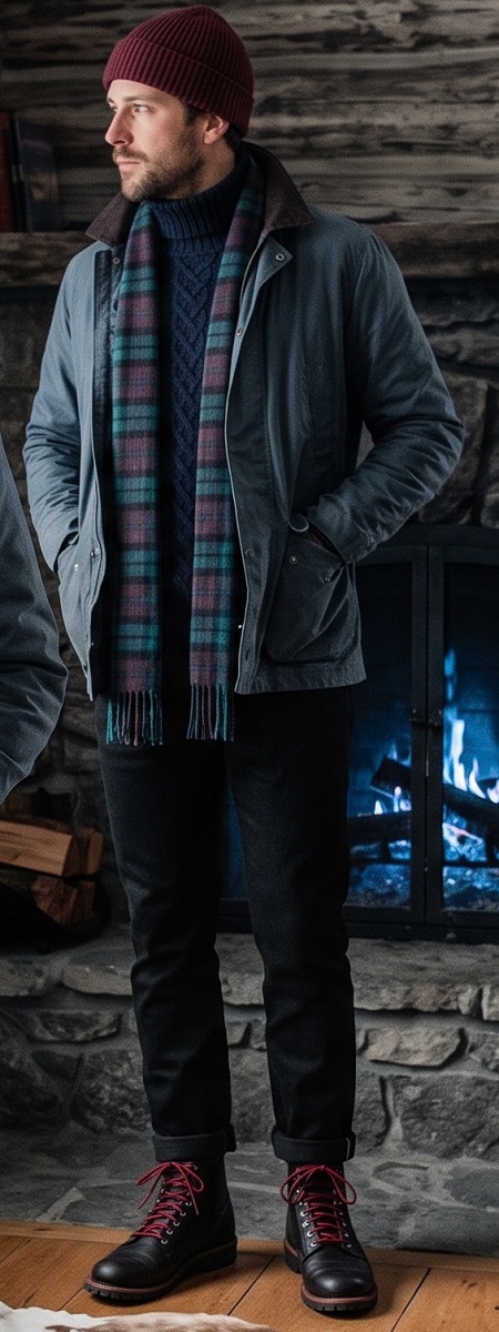 Rustic Cabin Heritage Slate Waxed Jacket with Navy Turtleneck, Tartan Scarf, Black Jeans, and Red Lace Boots Outfit