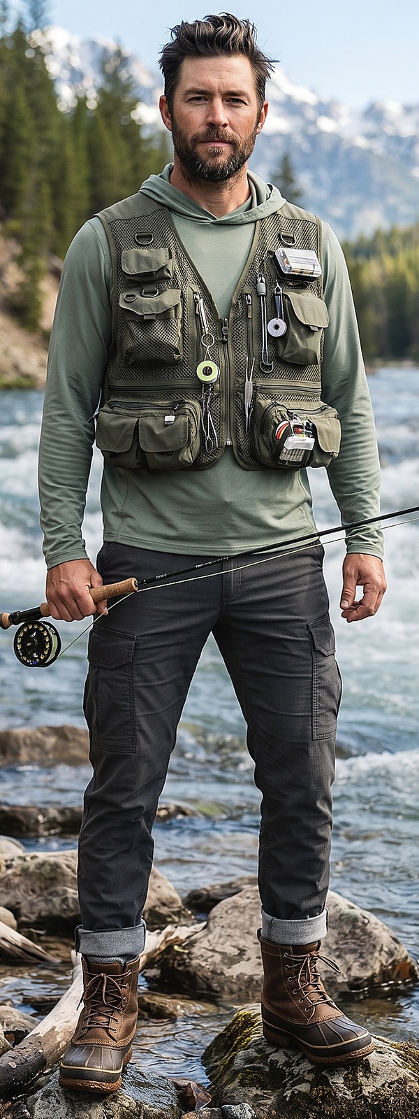 Rugged Sage Green Fishing Vest and Charcoal Cargo Pants River Outfit