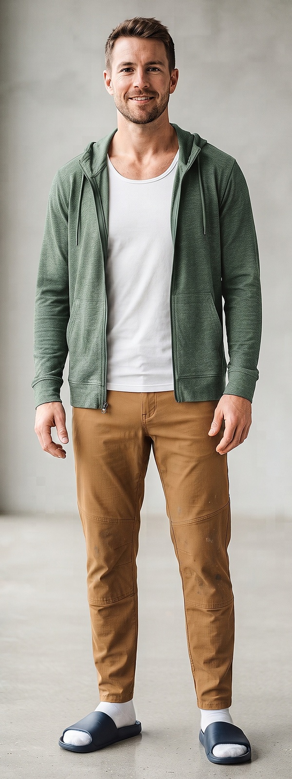 Sage Green Zip Hoodie White Tank Top and Tobacco Brown Climbing Pants Look