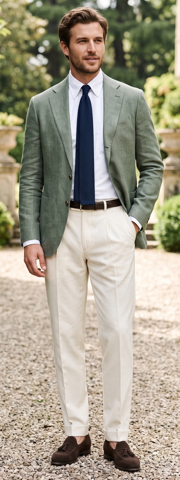 Country Estate Sage Green Linen Blazer with Cream Pleated Trousers Look