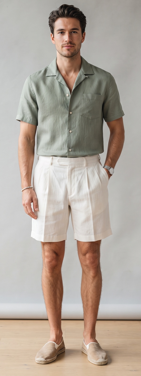 Sage Green Linen Camp Shirt and Off White Pleated Shorts Look