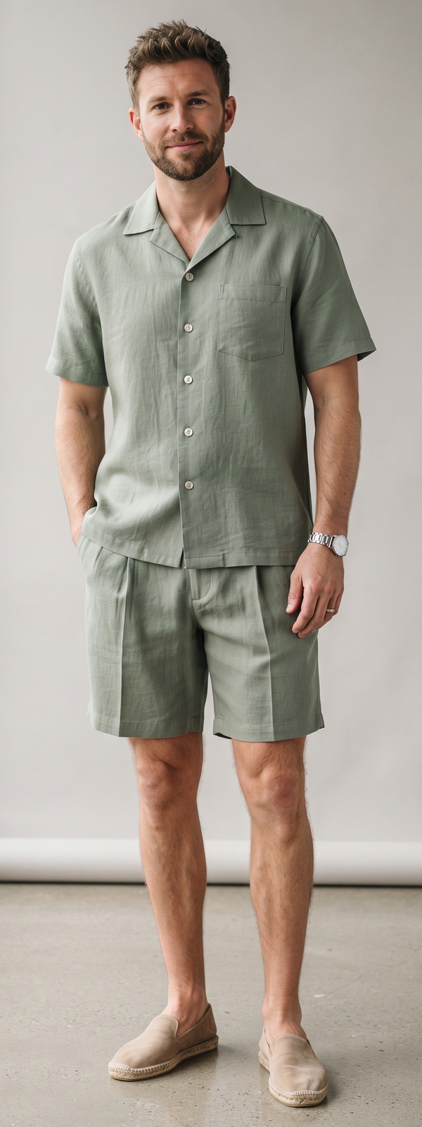 Sage Green Linen Camp-Collar Shirt With Matching Pleated Shorts and Espadrilles
