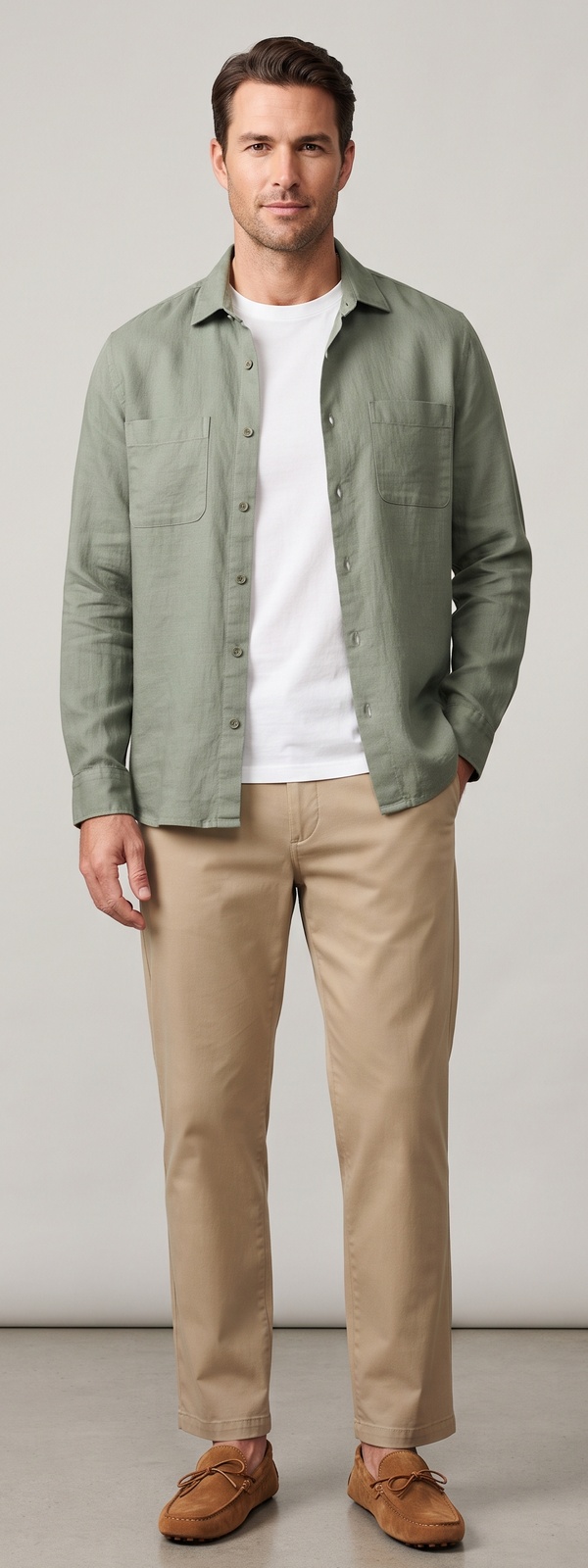 Sage Green Linen Overshirt White Tee and Khaki Chino Pants Look