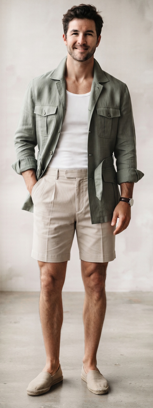 Sage Green Linen Safari Jacket with Ribbed Tank and Tailored Shorts
