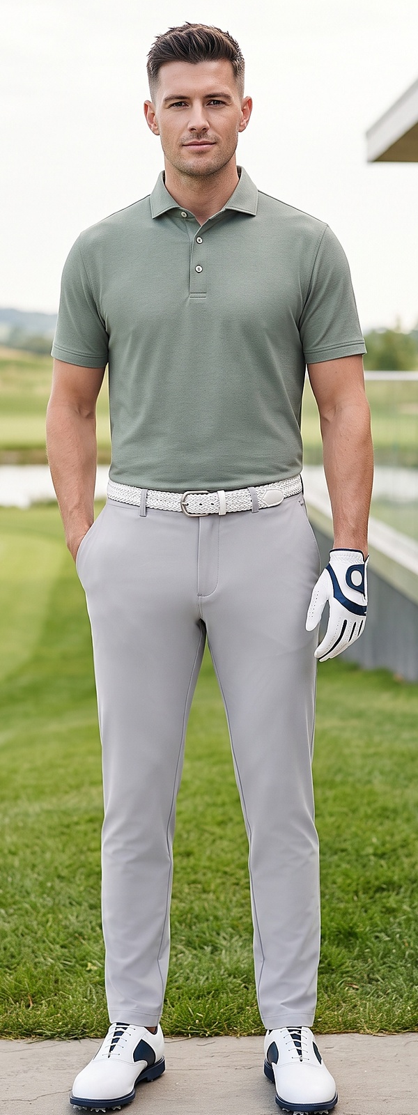 Sage Green Performance Polo Light Grey Golf Pants and Saddle Shoes