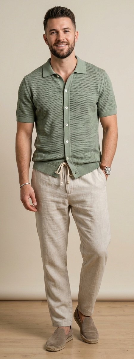 Sage Green Pointelle Button-Through Knit Polo with Stone Linen Drawstring Pants