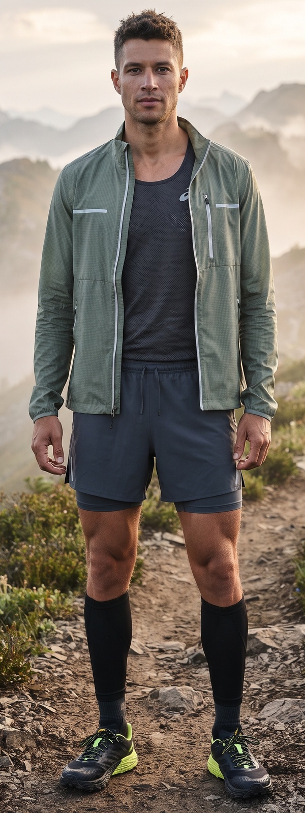 Sage Green Windbreaker with Performance Tank and Trail Running Shorts