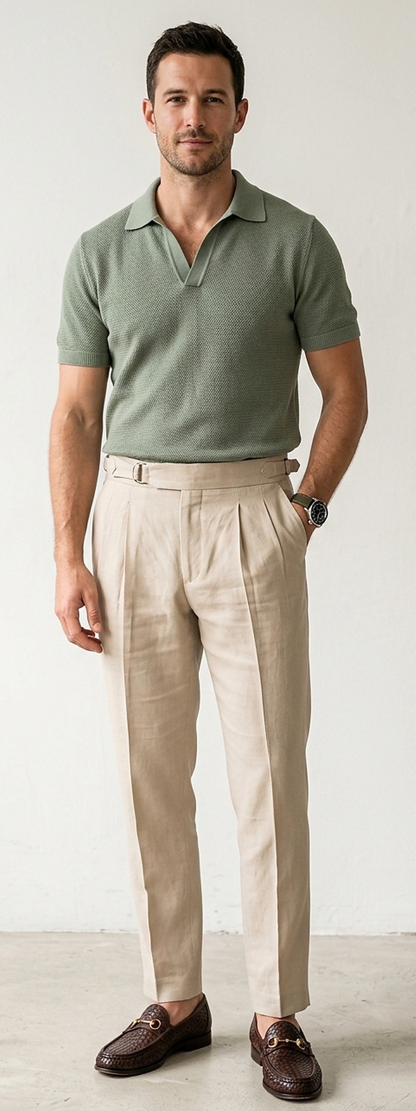 Quiet Luxury Sage Green Johnny Knit Polo with Sand Pleated Trousers and Horsebit Loafers