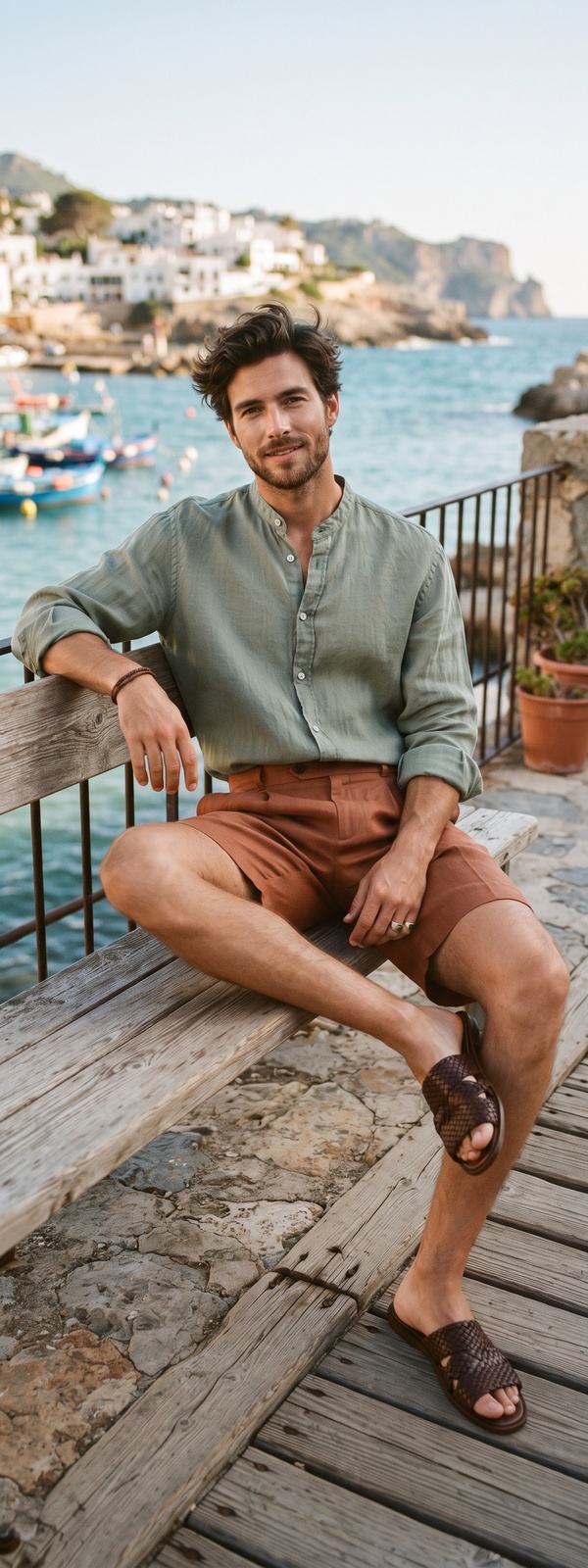 Mediterranean Sage Linen Band Collar Shirt and Terracotta Shorts Look