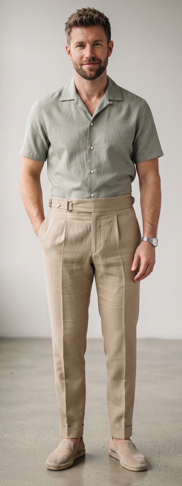 Sage-Green Linen Camp Shirt Tucked Into Beige Gurkha Pants With Suede Espadrilles