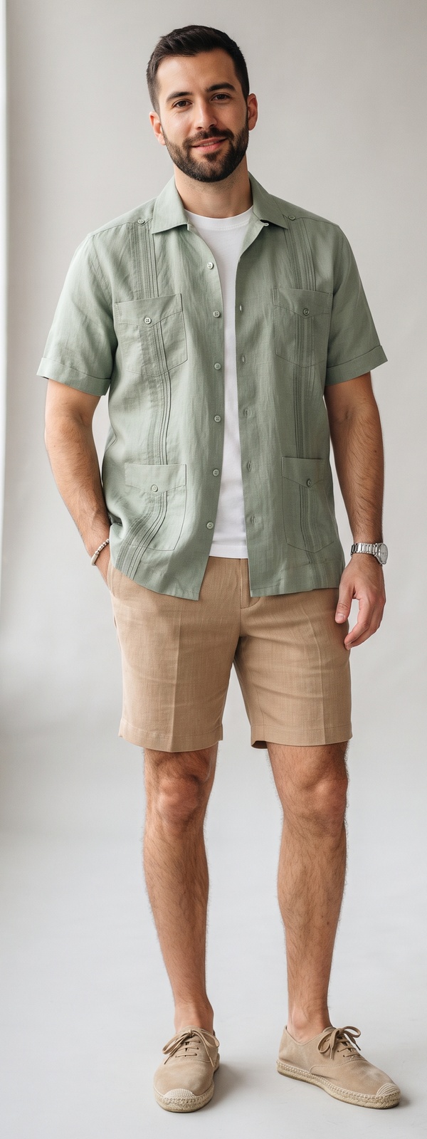 Breezy Sage Green Linen Guayabera Shirt and Khaki Shorts Resort Look