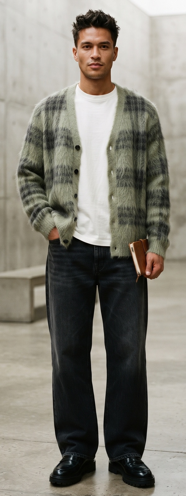 Sage Plaid Mohair Cardigan, White Tee, and Washed Black Jeans