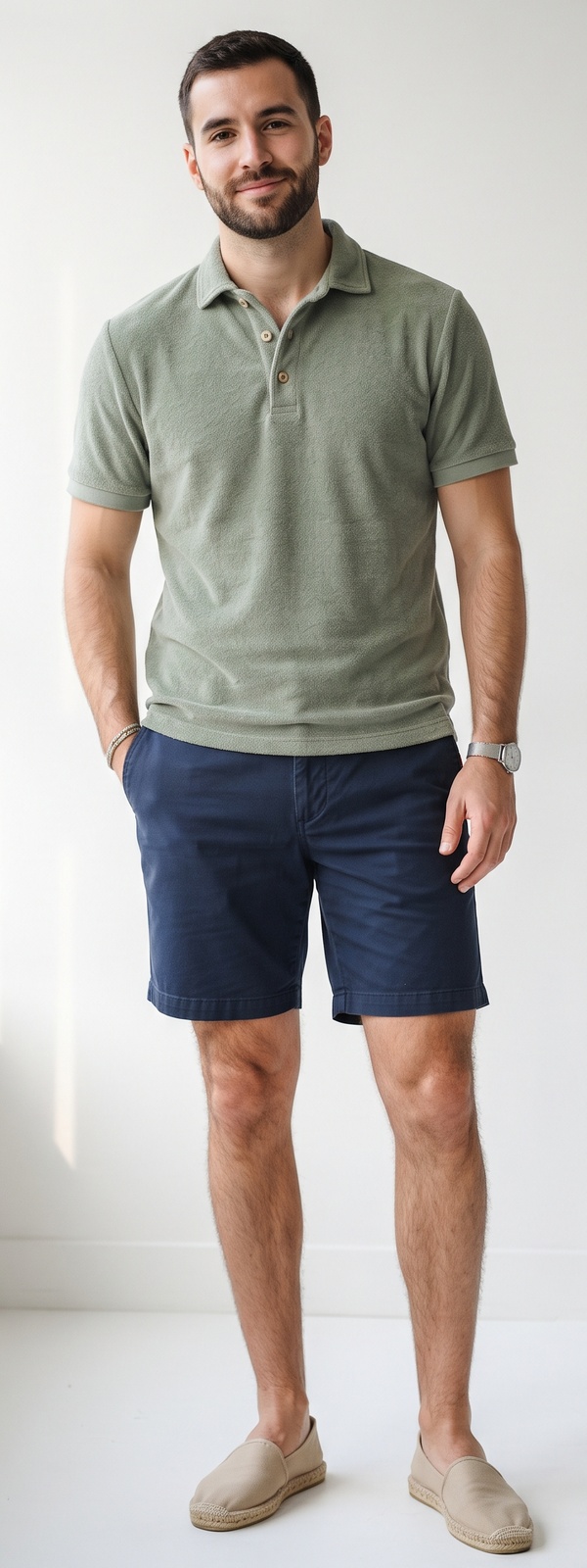 Sage-Green Terry-Cloth Polo Shirt With Navy Chino Shorts and Beige Canvas Espadrilles