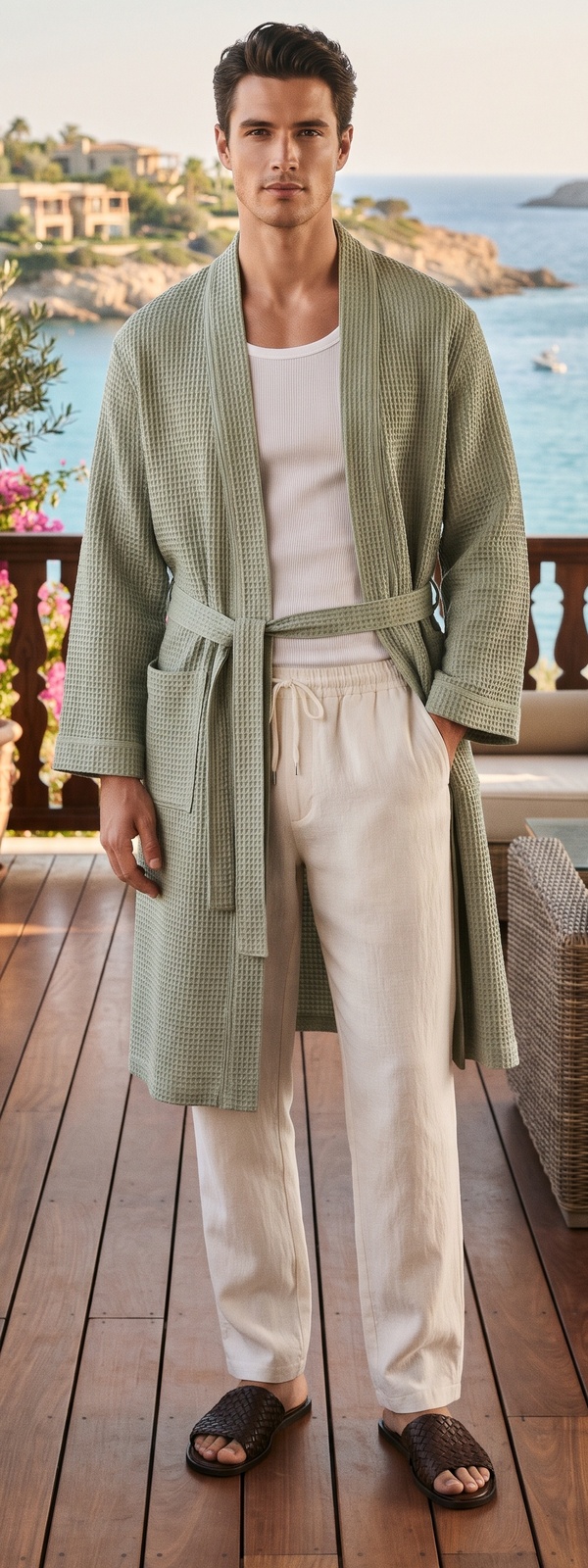 Sage Waffle Bathrobe, White Tank, and Cream Linen Pants