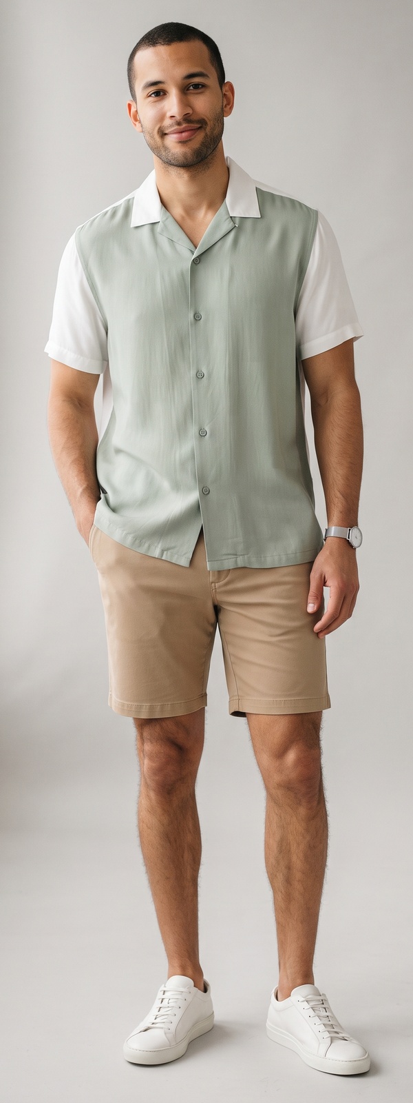 Sage-Green and White Colorblock Camp-Collar Shirt With Khaki Chino Shorts and White Sneakers