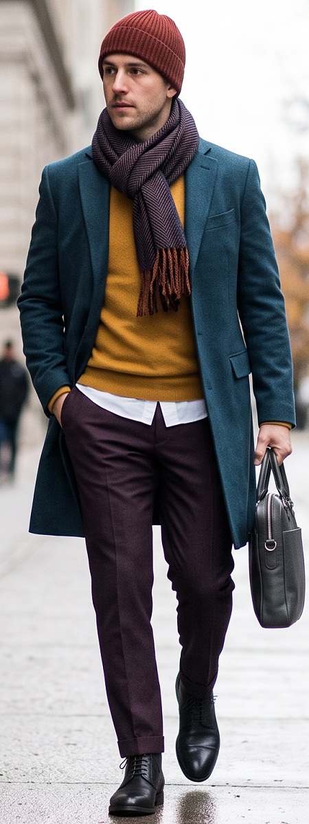 Sartorial Winter Teal Wool Overcoat with Mustard Yellow Sweater, Plum Trousers, and Cap Toe Boots Outfit