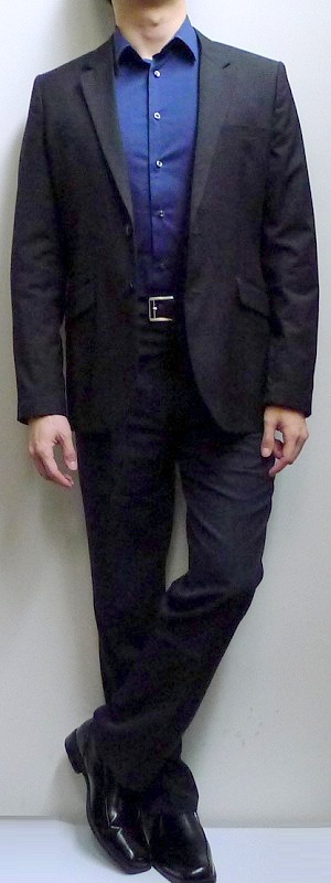 Sharp Business Casual Black Suit with Cobalt Blue Dress Shirt and Leather Dress Shoes Outfit