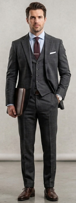 Sharp Business Formal Charcoal Plaid Three Piece Suit