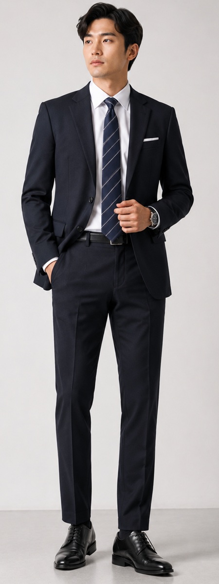 Sharp Business Formal Navy Suit and Striped Tie Ensemble