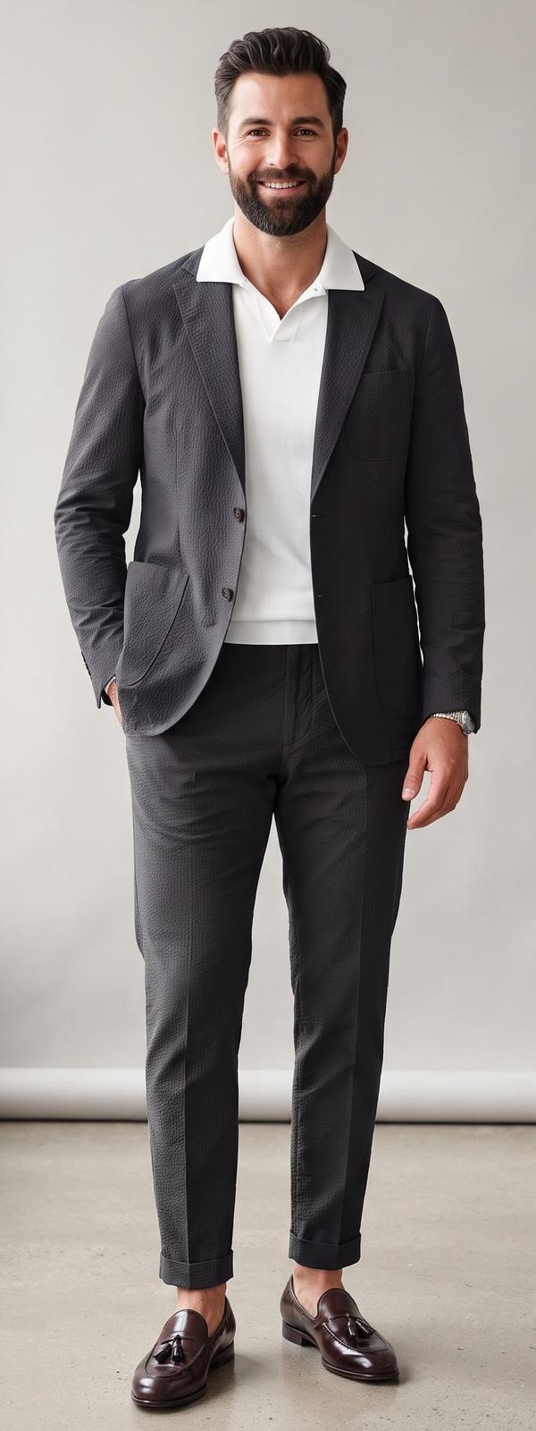 Sharp Charcoal Seersucker Suit with White Knit Polo and Tassel Loafers