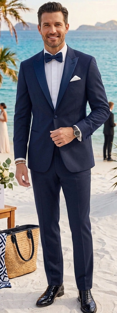 Sharp Midnight Navy Blue Beach Wedding Tuxedo with White Dress Shirt and Patent Leather Shoes