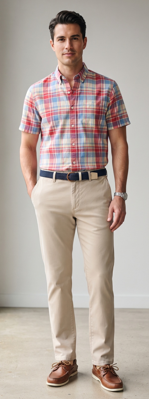 Short Sleeve Madras Plaid Shirt with Stone Chino Pants and Boat Shoes