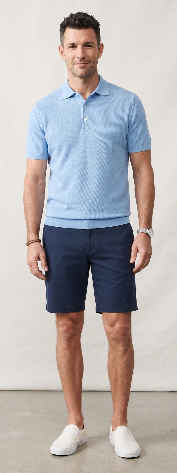 Sky Blue Knit Polo and Navy Chino Shorts Summer Casual Look