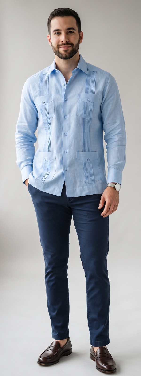 Sky-Blue Long-Sleeve Linen Guayabera Shirt With Navy Chinos and Brown Penny Loafers