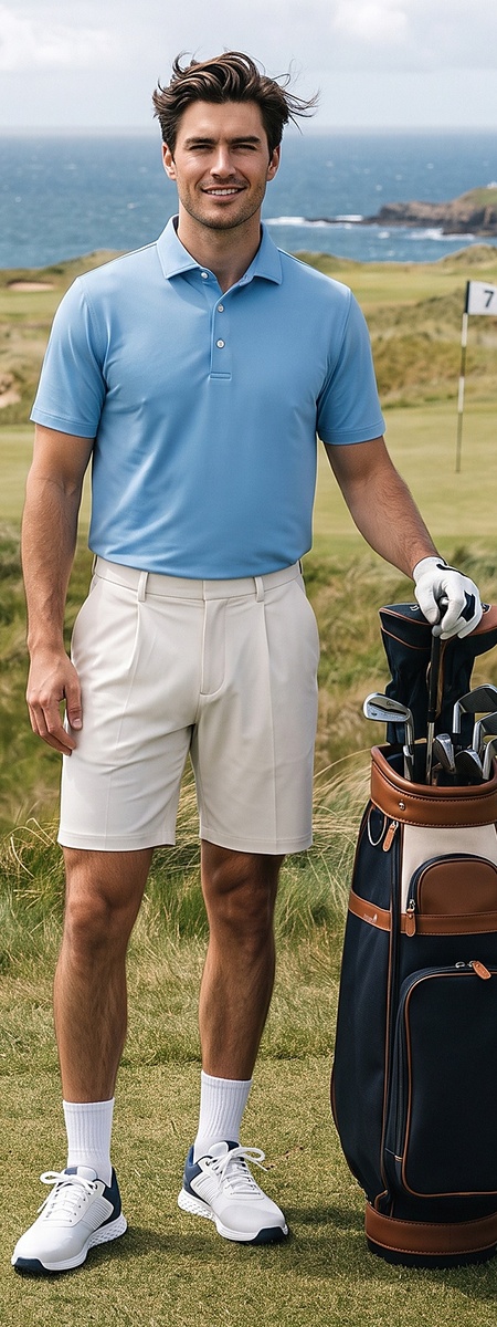 Coastal Links Sky Blue Polo and Cream Pleated Golf Shorts Look