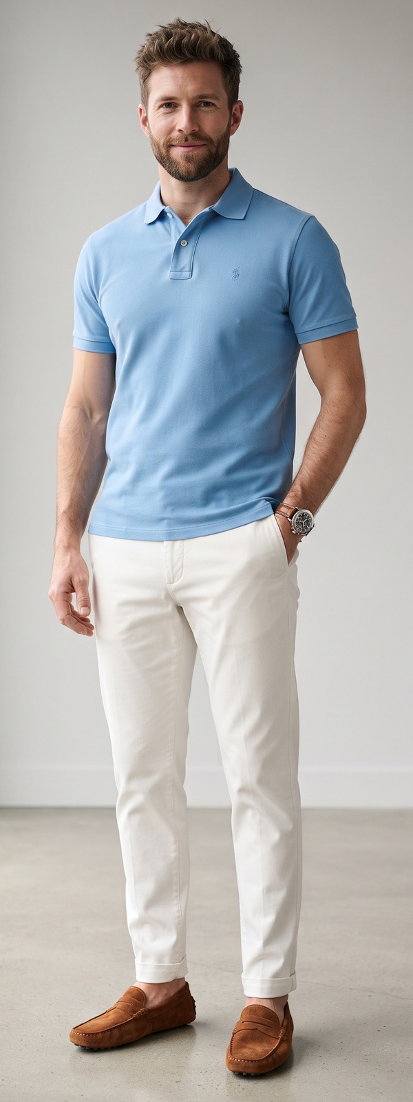 Sky Blue Cotton Polo Shirt With Cuffed Off-White Chinos and Tan Suede Loafers