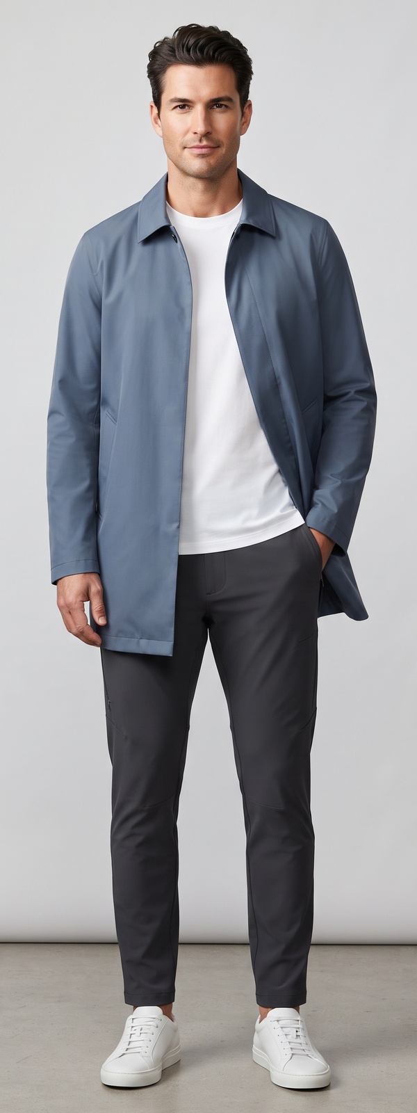 Slate Blue Mac Coat White Tee and Charcoal Commuter Pants Look