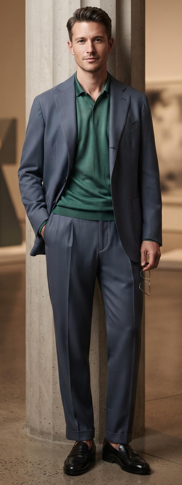 Slate Blue Suit, Emerald Silk Knit Polo & Penny Loafers