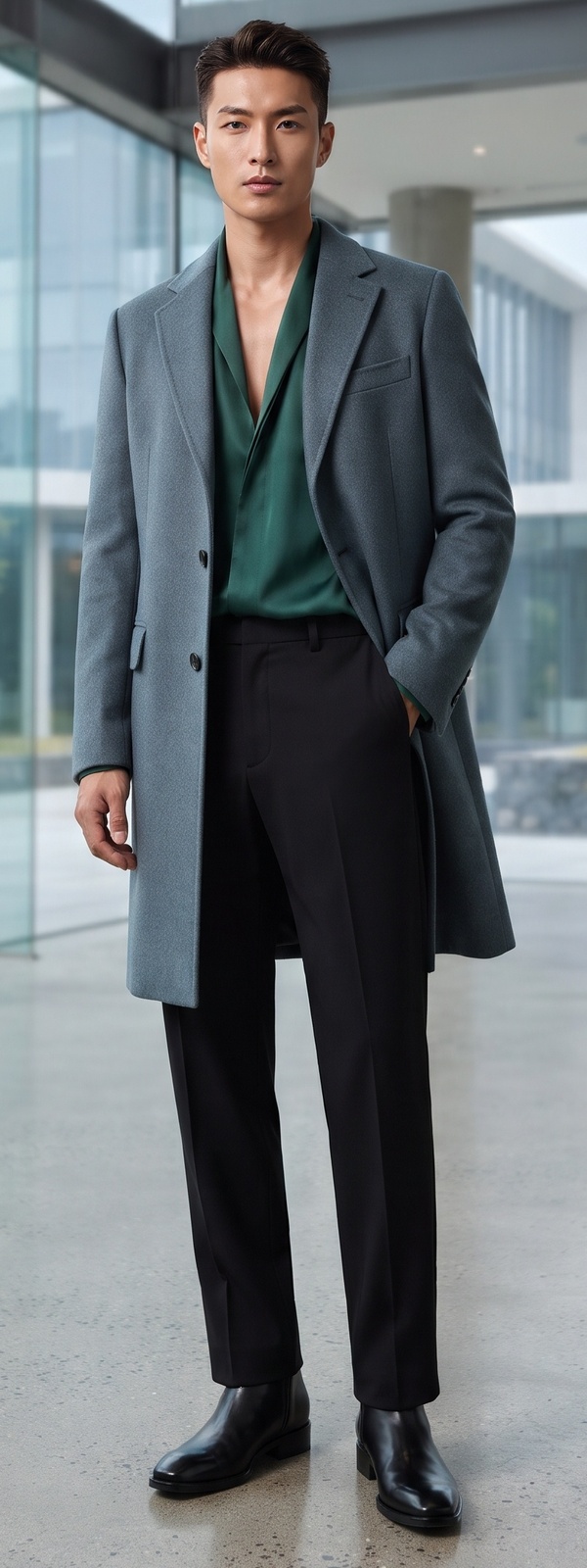 Slate Blue Wool Overcoat, Emerald Silk Shirt, and Black Trousers