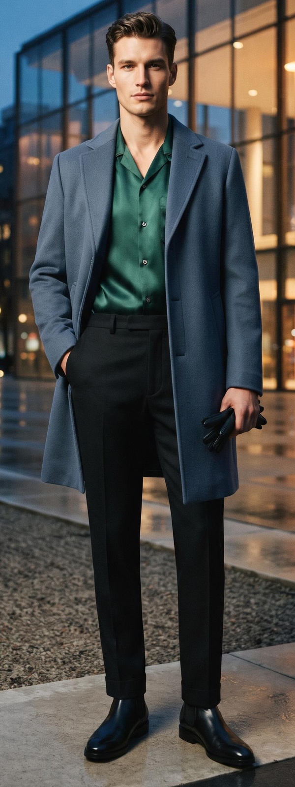 Slate Blue Wool Overcoat, Emerald Silk Shirt & Black Trousers