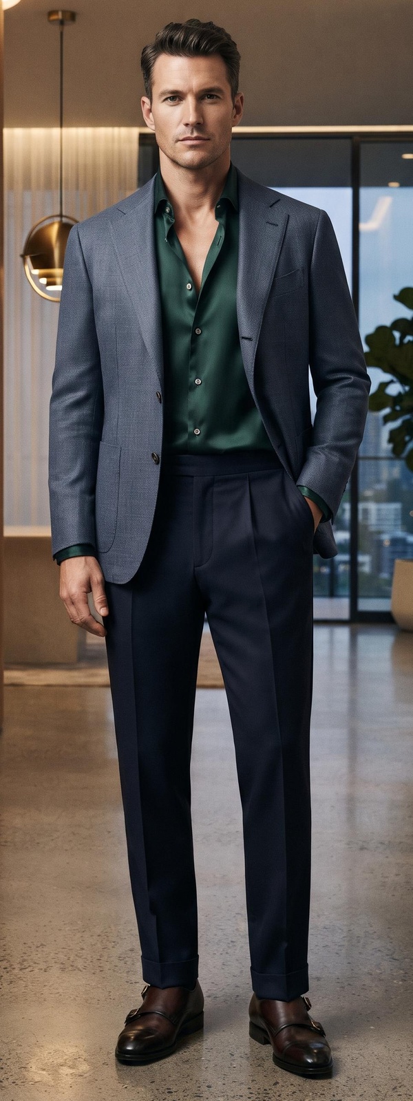 Slate Wool Blazer, Emerald Silk Shirt & Navy Trousers