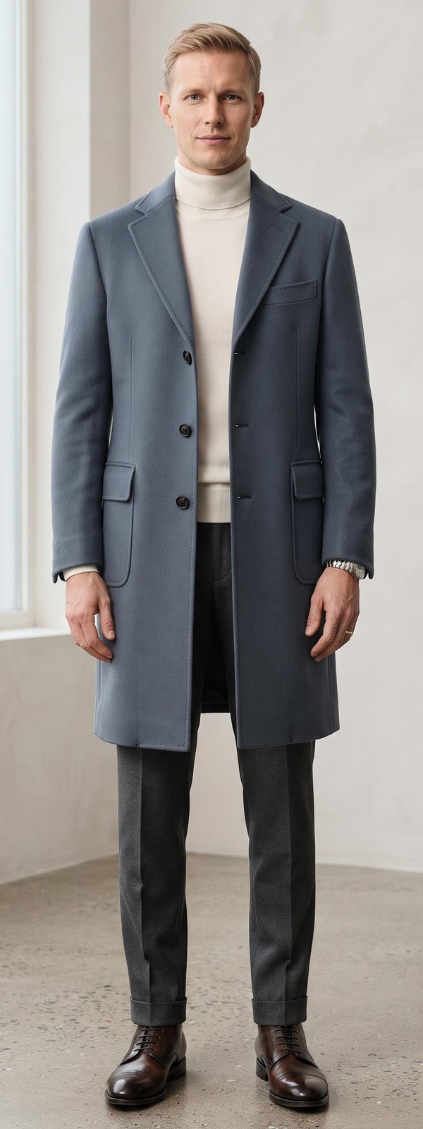 Slate Wool Overcoat, Cream Turtleneck & Charcoal Flannel Trousers