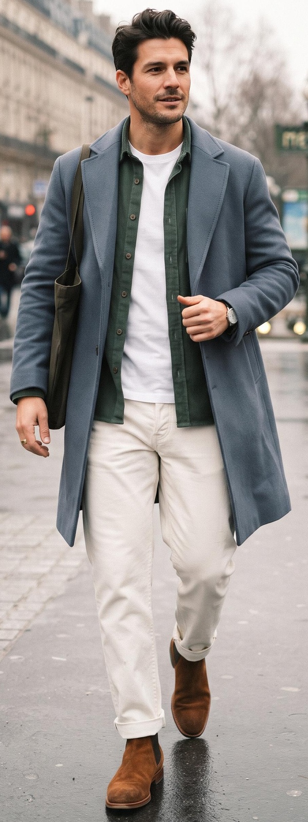 Slate Wool Overcoat, Forest Overshirt & Ecru Jeans