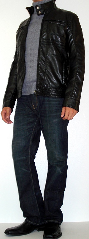 Sleek Black Leather Jacket with Grey Turtleneck Sweater and Dark Wash Jeans Outfit