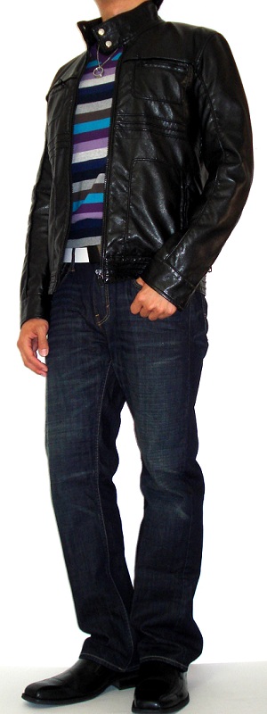 Sleek Black Leather Jacket with Purple Striped Sweater Dark Wash Jeans and Black Loafers Outfit