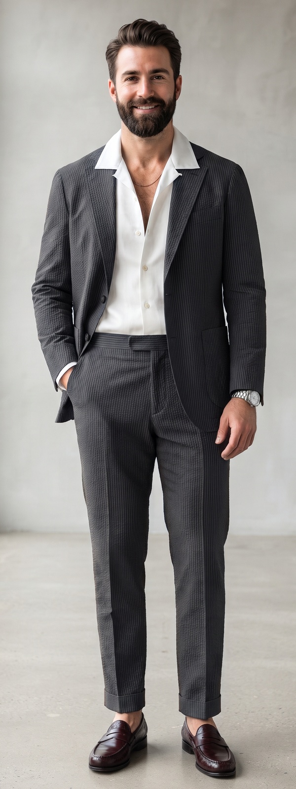 Sleek Charcoal Seersucker Suit with Open Collar Shirt and Loafers