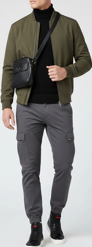 Sleek Olive Bomber Jacket and Grey Cargo Joggers Urban Look